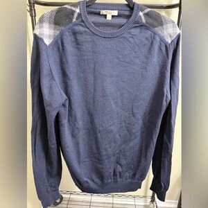 Burberry Dark Blue Crewneck Sweater with Gray Argyle Shoulder Pattern